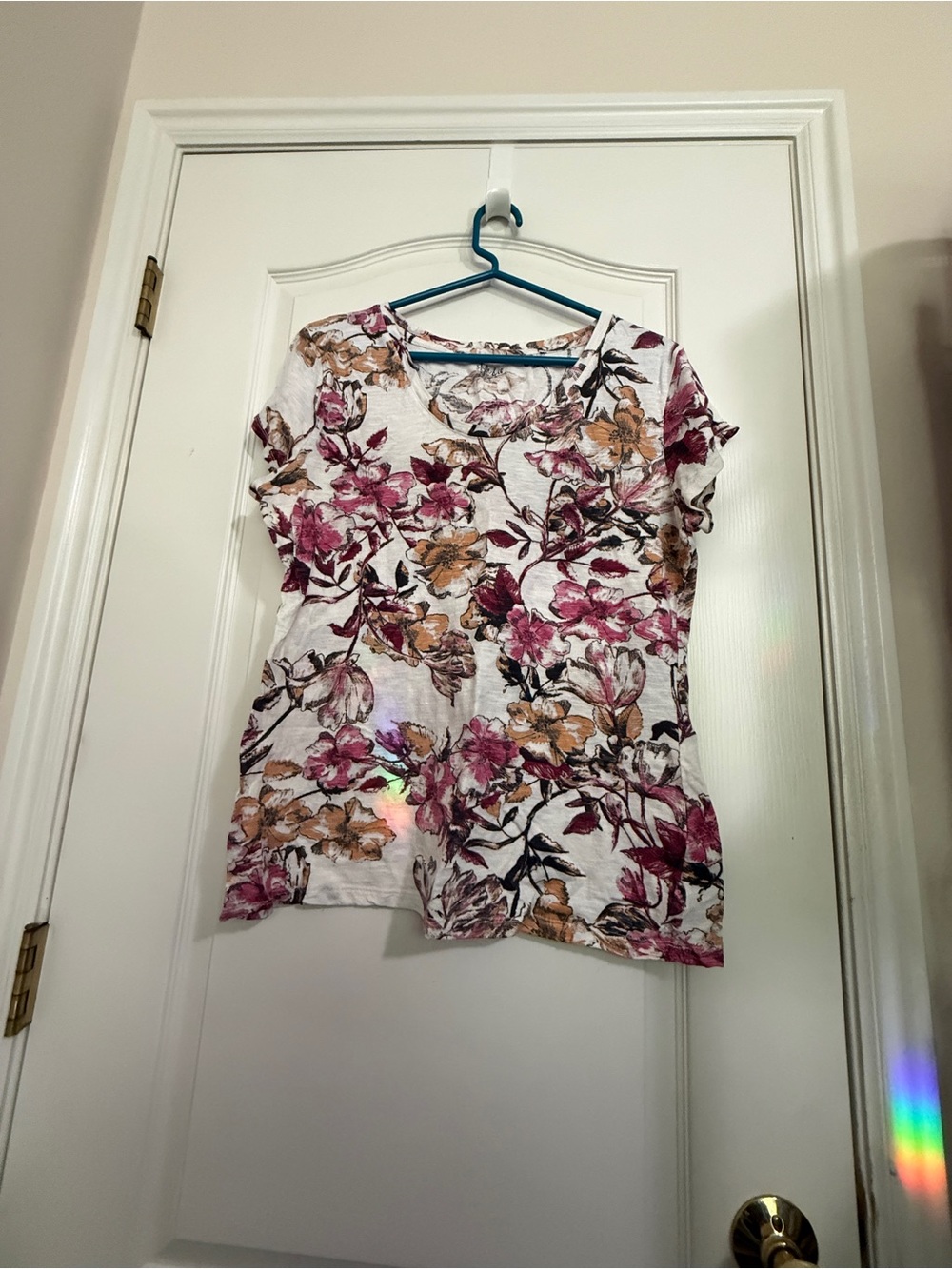 Style & Co Floral Short Sleeve Tee - White with Pink & Tan Flowers